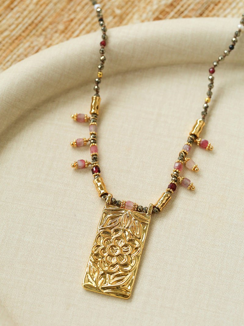 Oriental Chased Floral Rectangle Pendant Necklace - floysun
