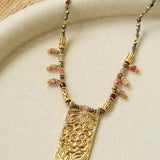 Oriental Chased Floral Rectangle Pendant Necklace - floysun