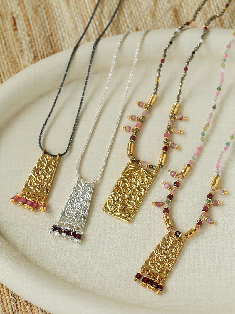 Oriental Chased Floral Rectangle Pendant Necklace - floysun