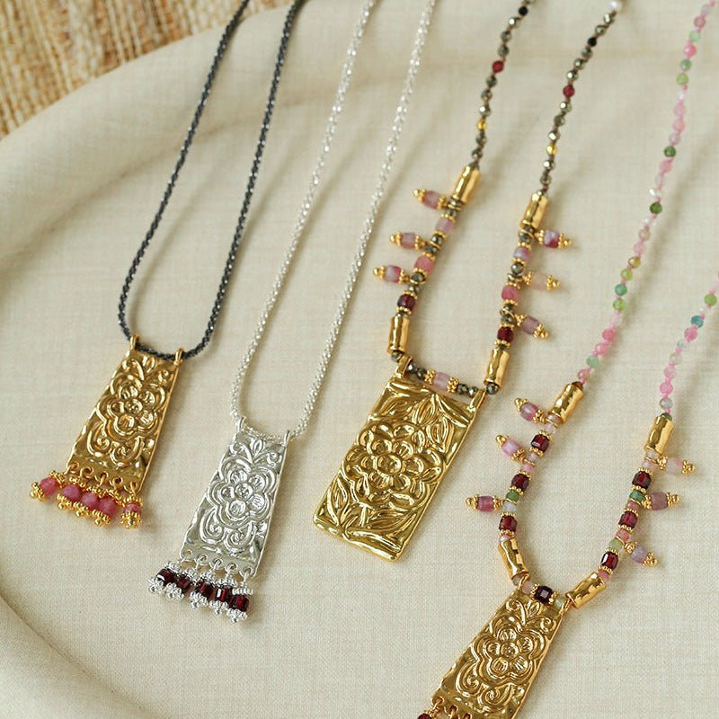 Oriental Chased Floral Rectangle Pendant Necklace - floysun