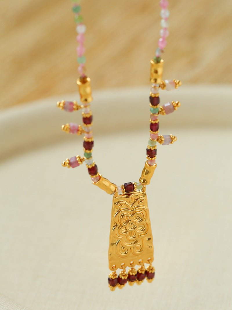 Oriental Chased Floral Rectangle Pendant Necklace - floysun
