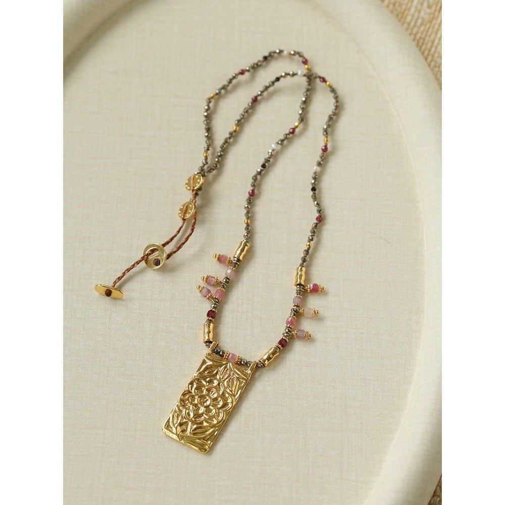 Oriental Chased Floral Rectangle Pendant Necklace - floysun