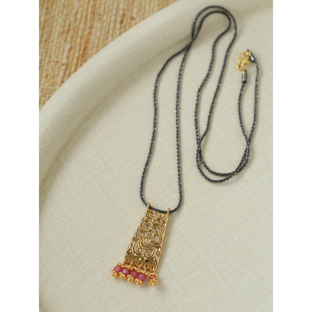 Oriental Chased Floral Rectangle Pendant Necklace - floysun