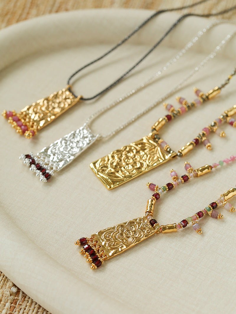 Oriental Chased Floral Rectangle Pendant Necklace - floysun