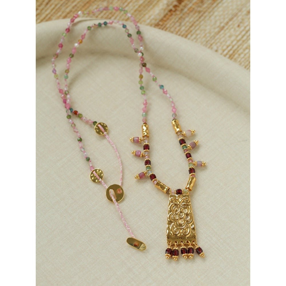 Oriental Chased Floral Rectangle Pendant Necklace - floysun