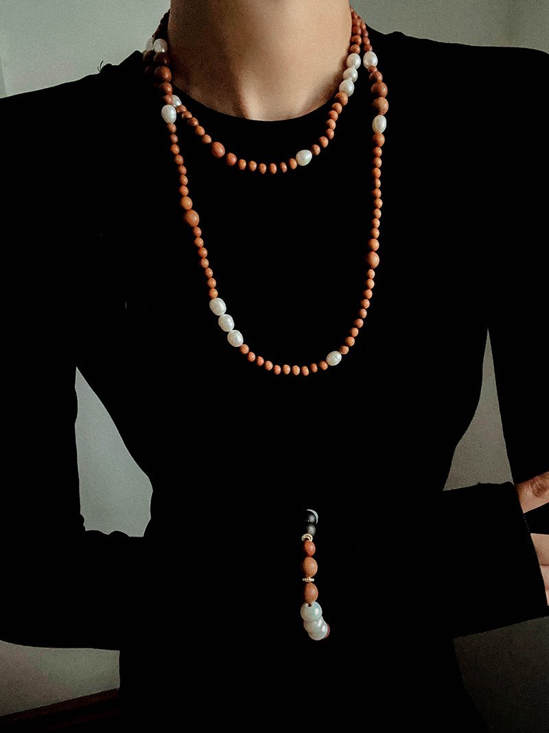 Oriental Luxe Long Sandalwood & Pearl Necklace - floysun