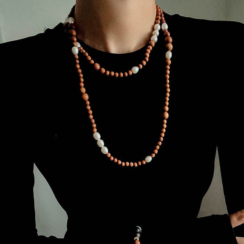 Oriental Luxe Long Sandalwood & Pearl Necklace - floysun