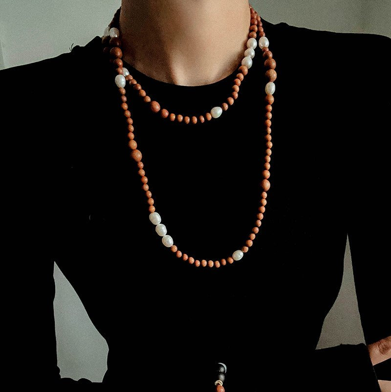 Oriental Luxe Long Sandalwood & Pearl Necklace - floysun
