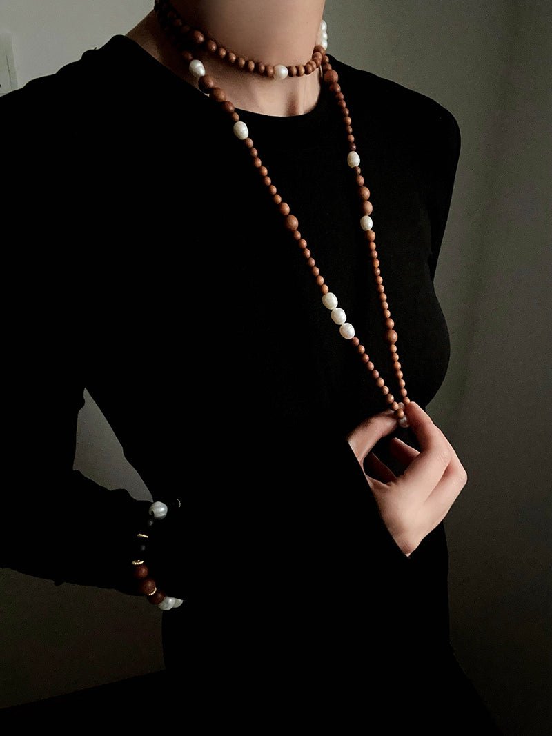 Oriental Luxe Long Sandalwood & Pearl Necklace - floysun