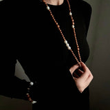 Oriental Luxe Long Sandalwood & Pearl Necklace - floysun