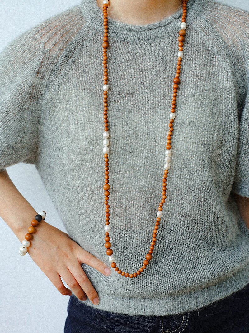 Oriental Luxe Long Sandalwood & Pearl Necklace - floysun
