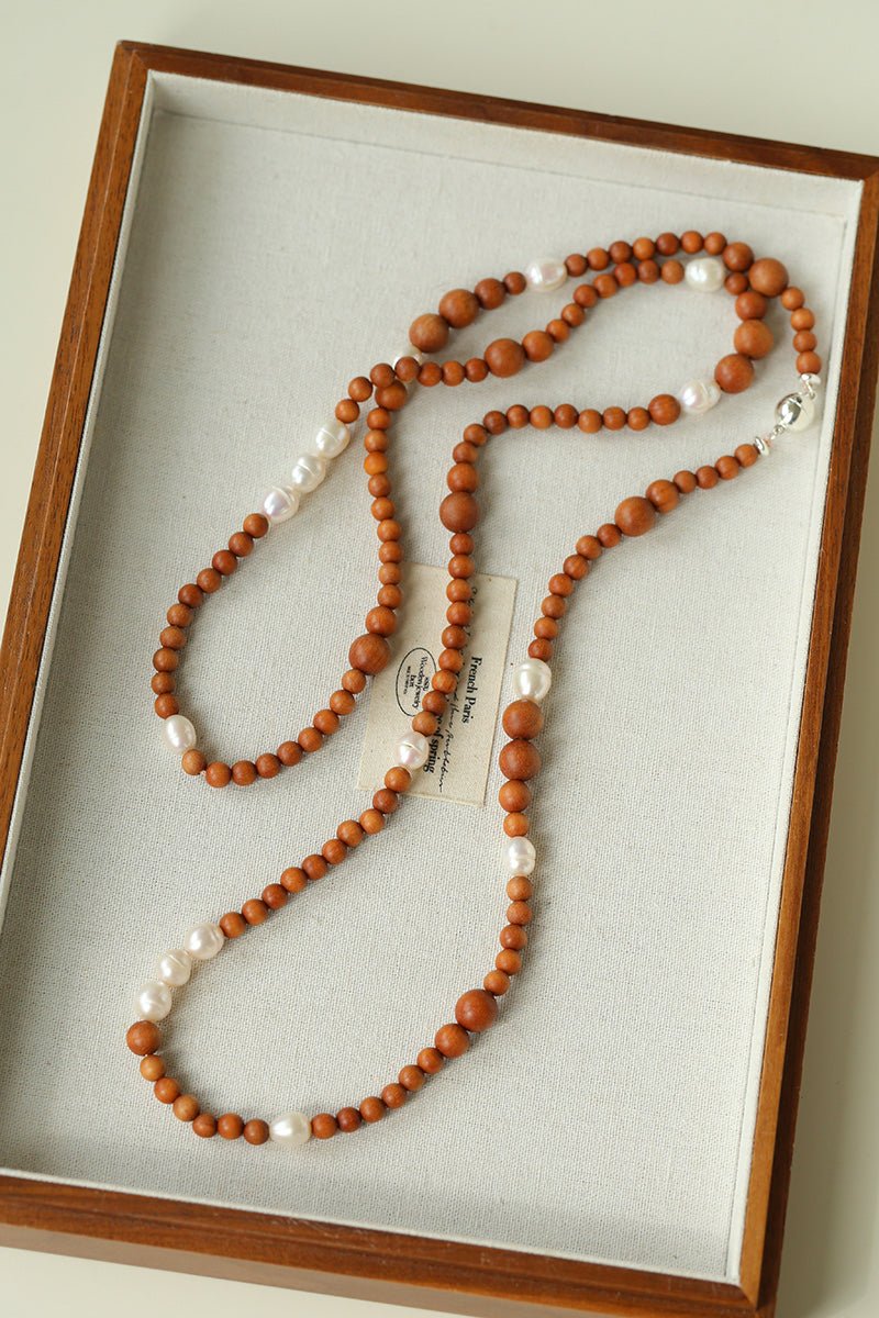 Oriental Luxe Long Sandalwood & Pearl Necklace - floysun