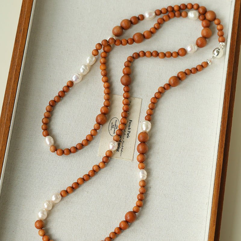 Oriental Luxe Long Sandalwood & Pearl Necklace - floysun