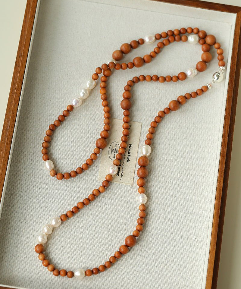 Oriental Luxe Long Sandalwood & Pearl Necklace - floysun