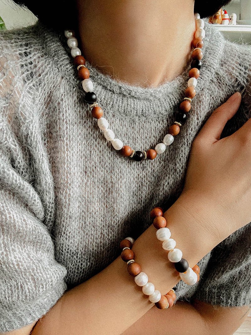 Oriental Luxe Sandalwood & Pearl Necklace - floysun