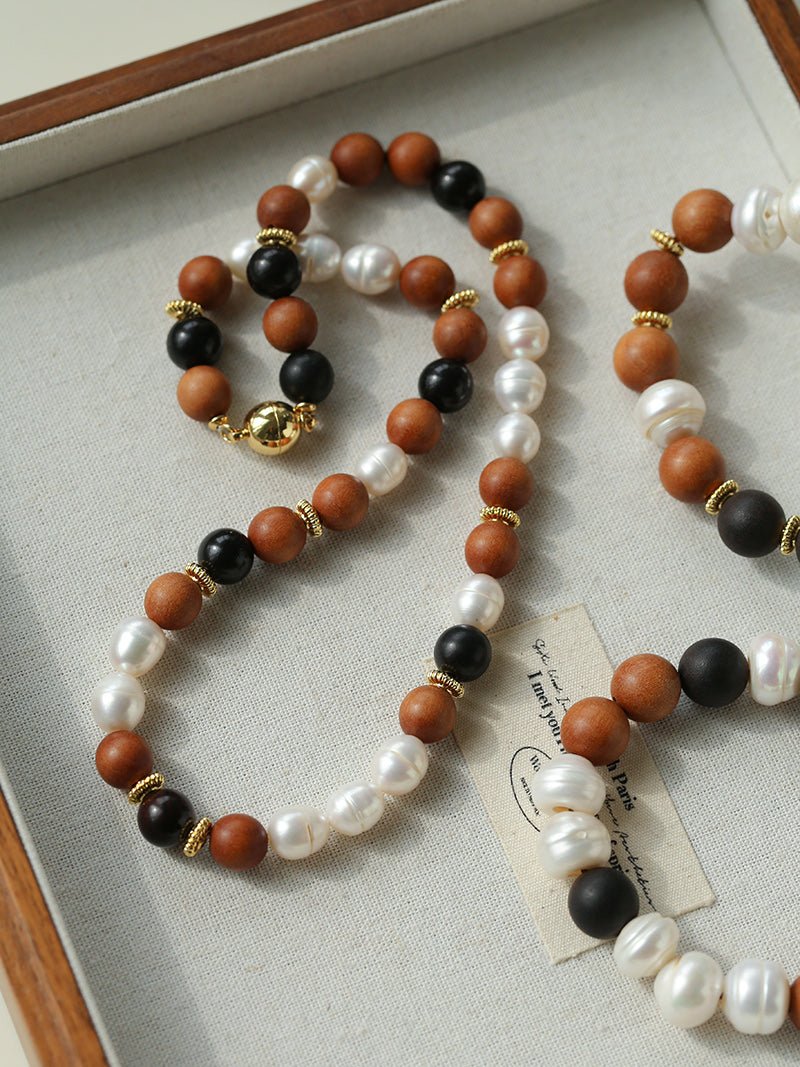 Oriental Luxe Sandalwood & Pearl Necklace - floysun