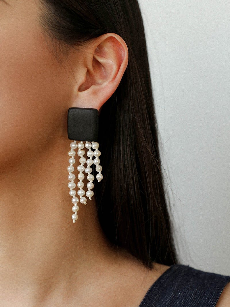 Original Black Wood Gemstone Tassel Earrings - floysun