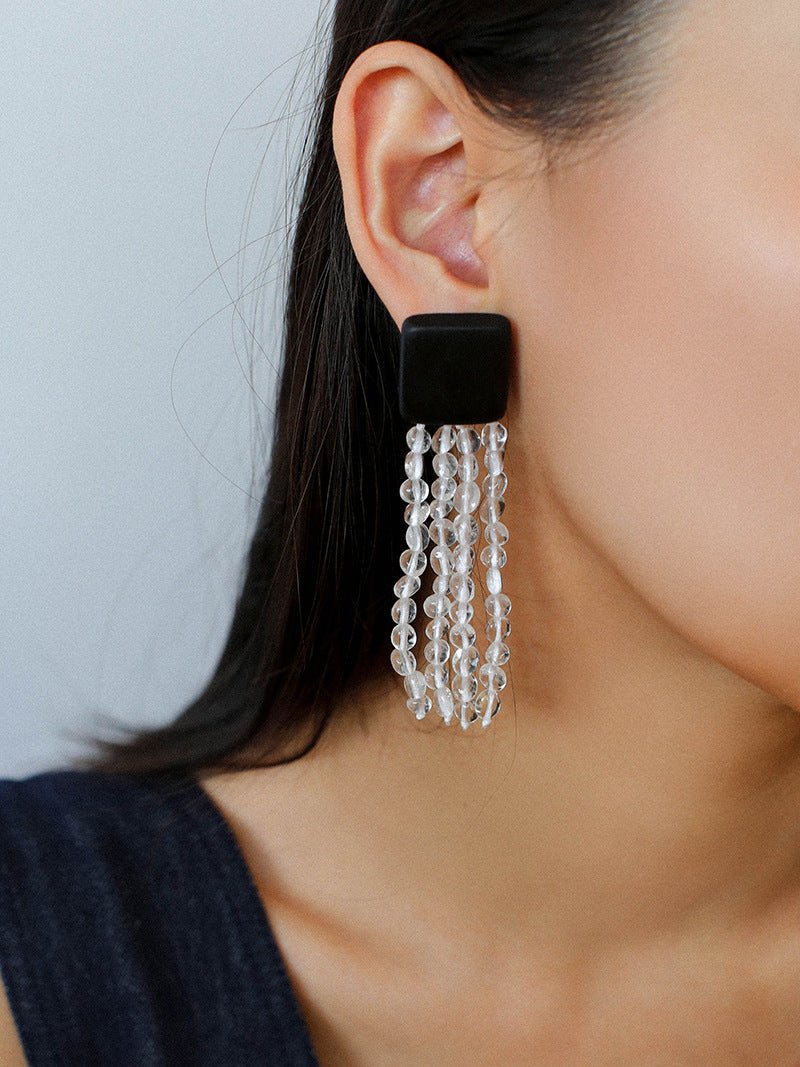 Original Black Wood Gemstone Tassel Earrings - floysun
