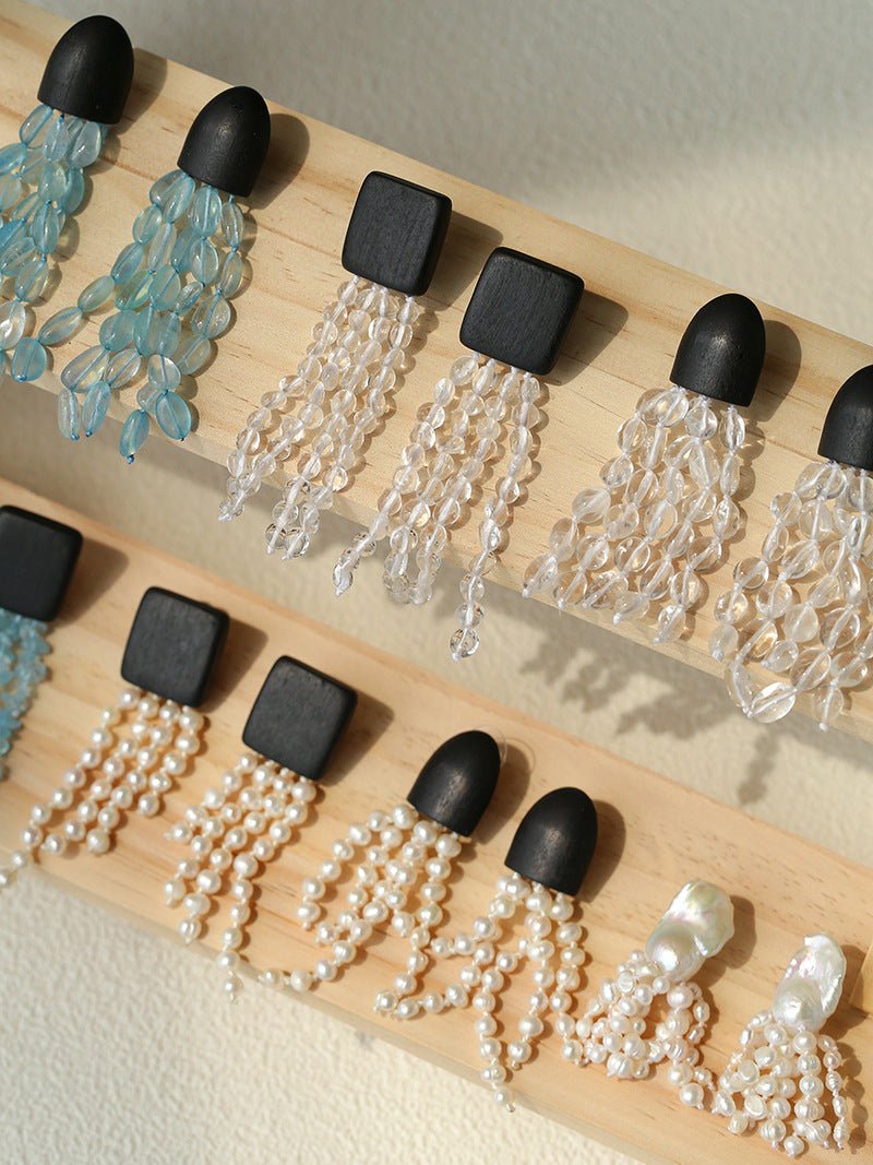 Original Black Wood Gemstone Tassel Earrings - floysun