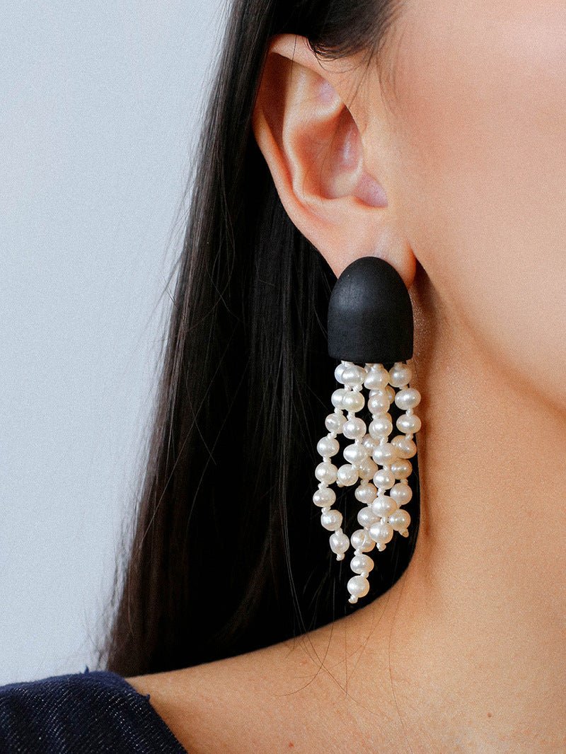 Original Black Wood Gemstone Tassel Earrings - floysun