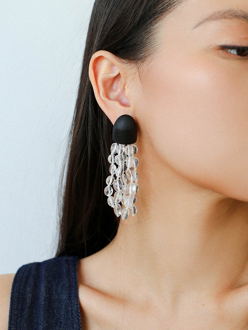 Original Black Wood Gemstone Tassel Earrings - floysun