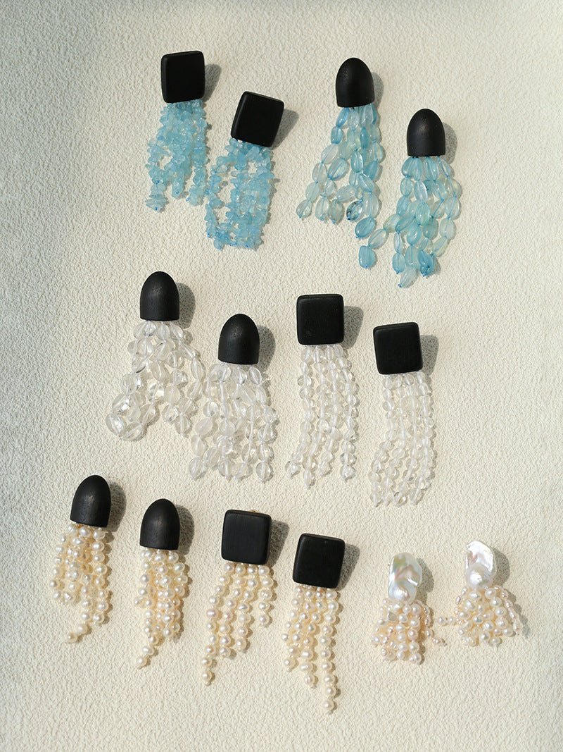 Original Black Wood Gemstone Tassel Earrings - floysun