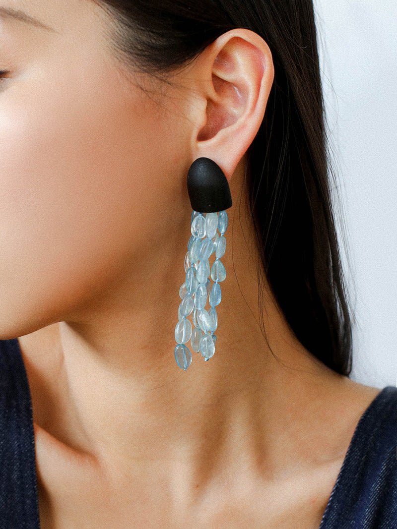 Original Black Wood Gemstone Tassel Earrings - floysun