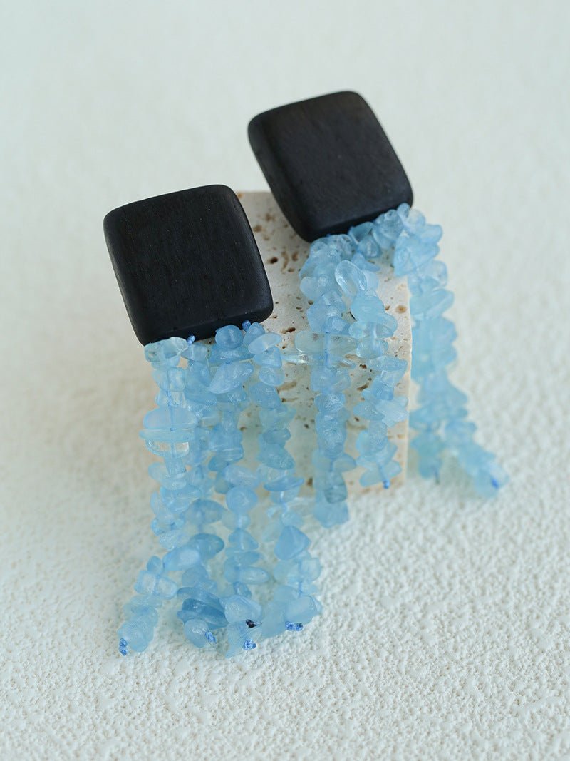 Original Black Wood Gemstone Tassel Earrings - floysun