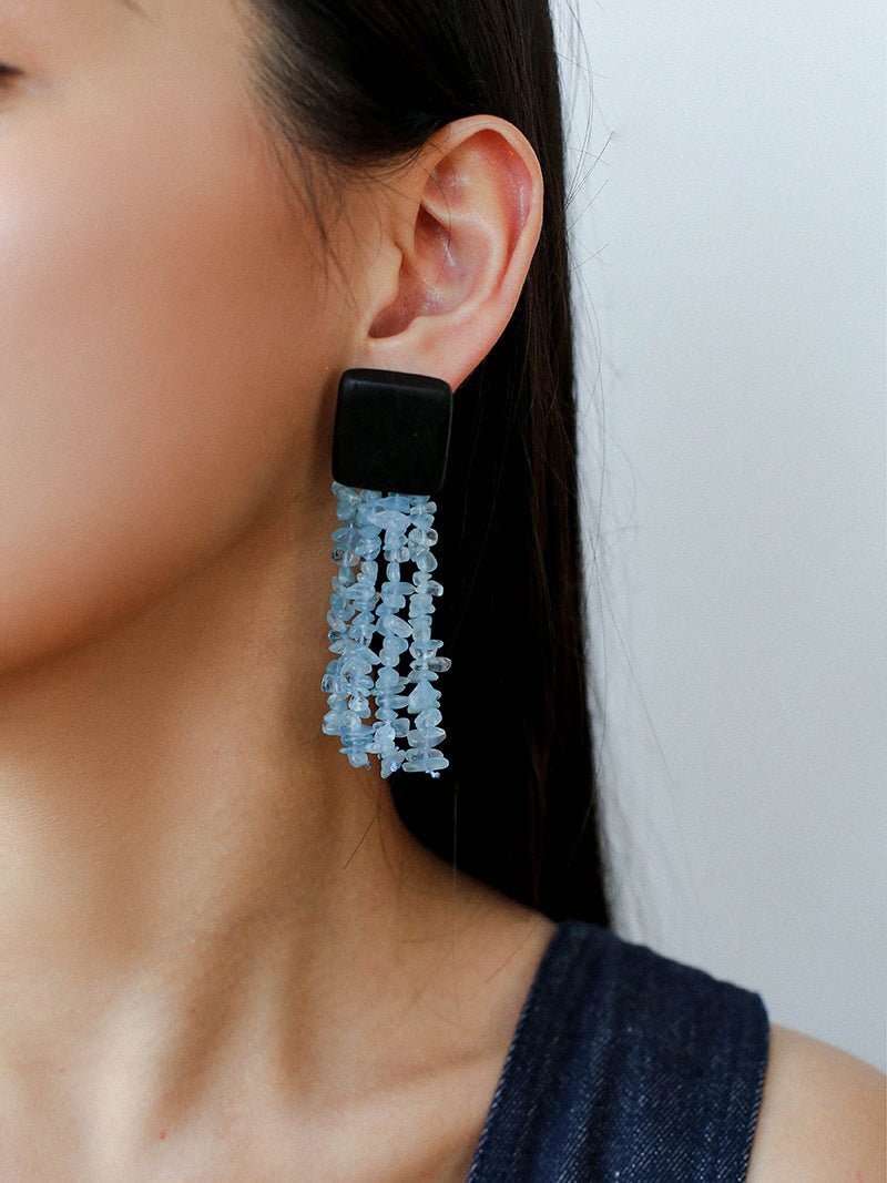 Original Black Wood Gemstone Tassel Earrings - floysun