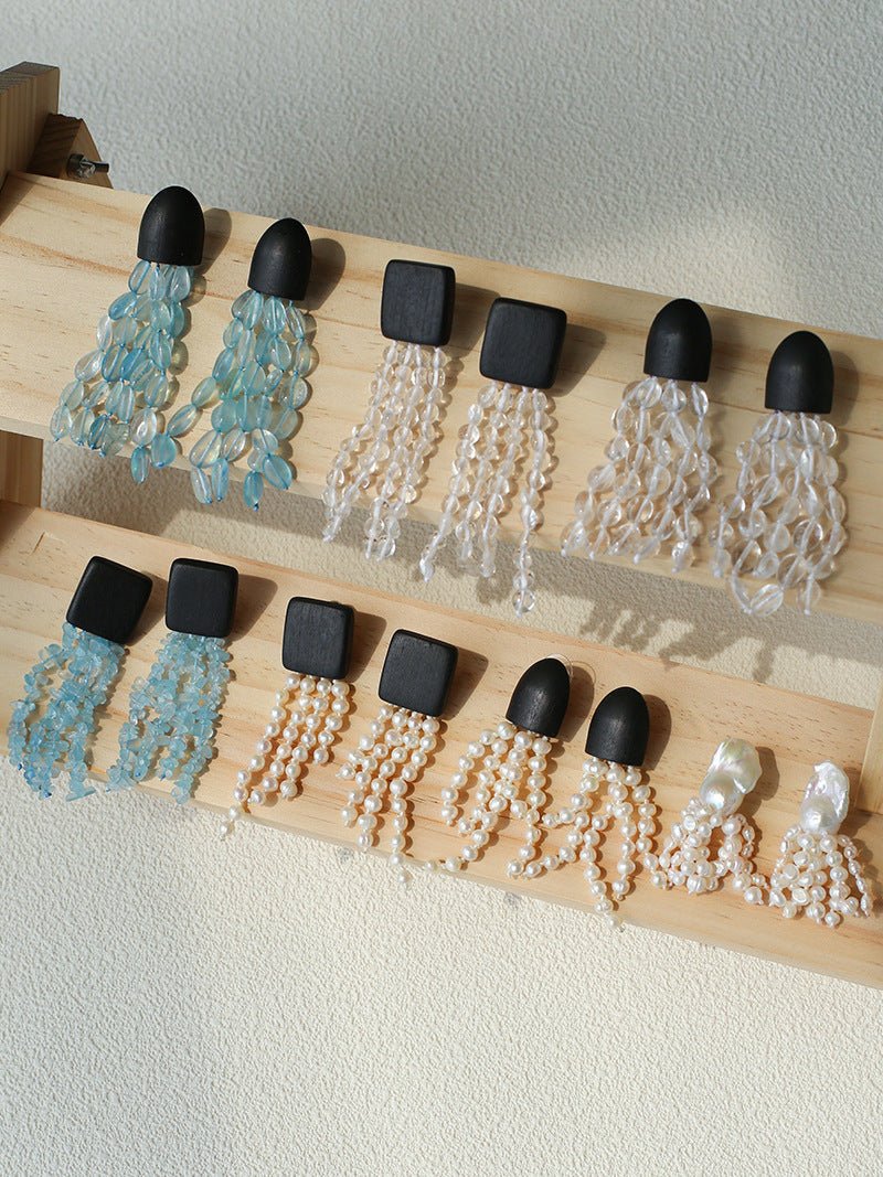 Original Black Wood Gemstone Tassel Earrings - floysun