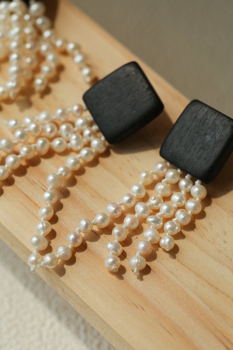 Original Black Wood Gemstone Tassel Earrings - floysun