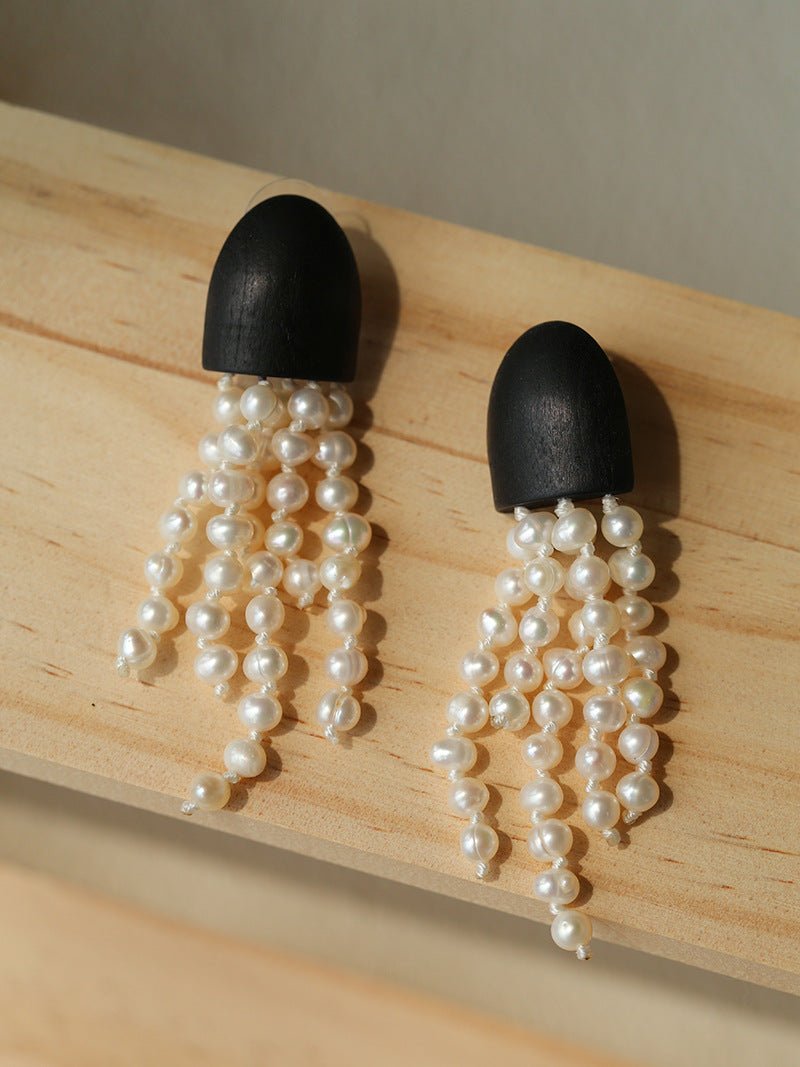 Original Black Wood Gemstone Tassel Earrings - floysun