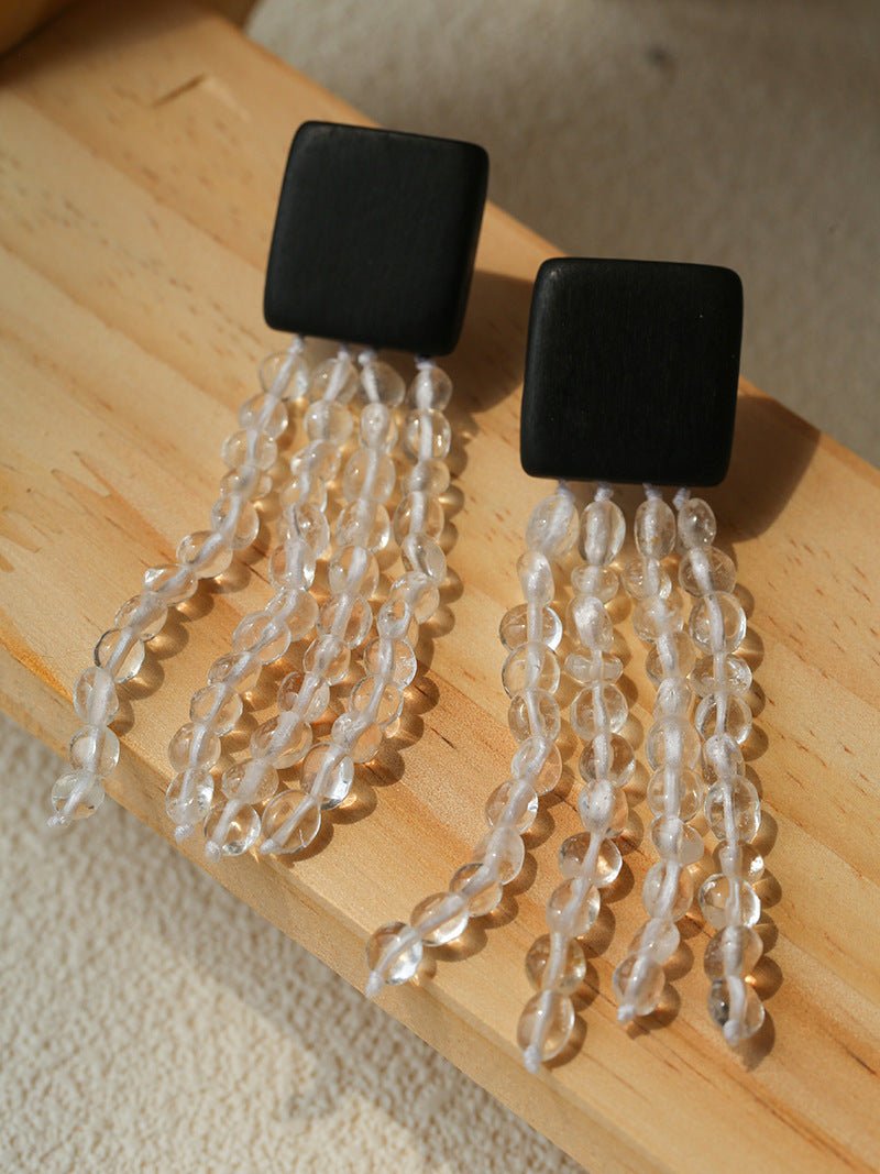 Original Black Wood Gemstone Tassel Earrings - floysun
