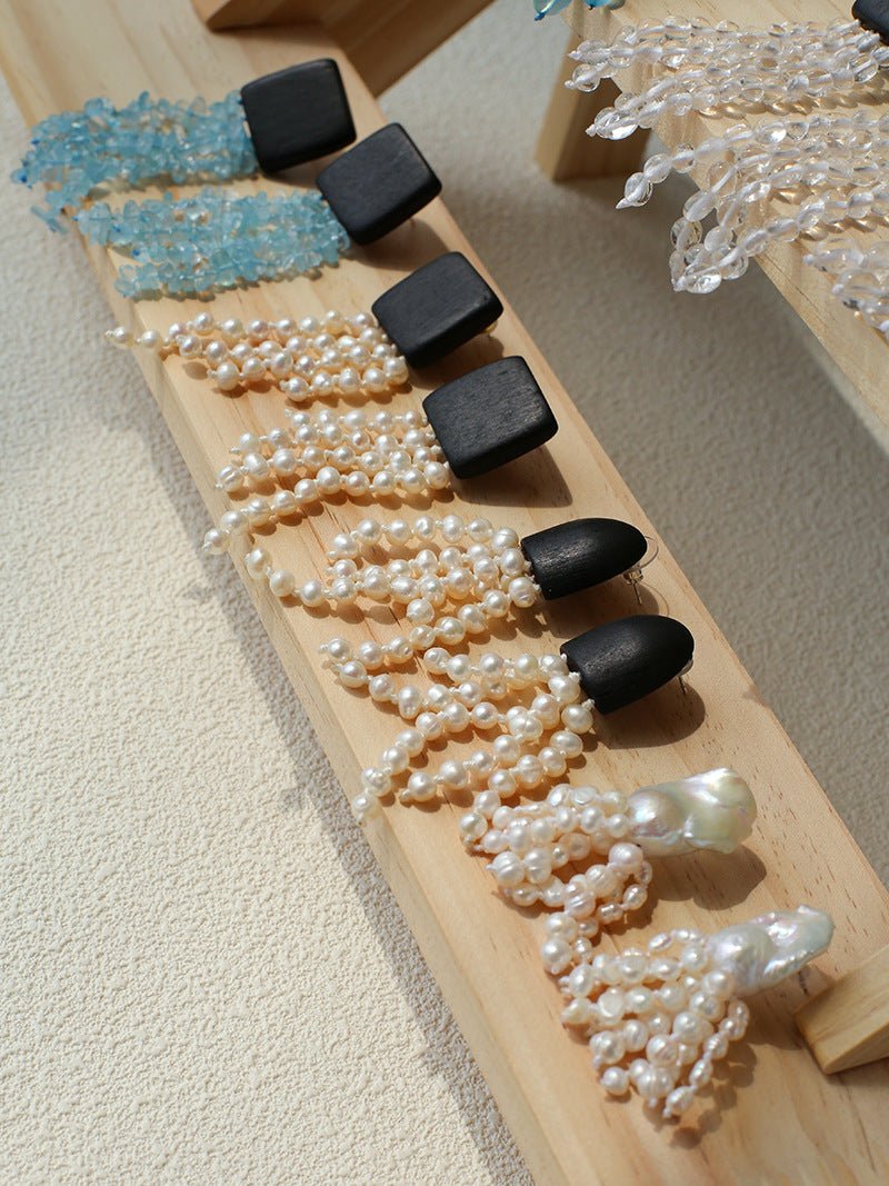 Original Black Wood Gemstone Tassel Earrings - floysun