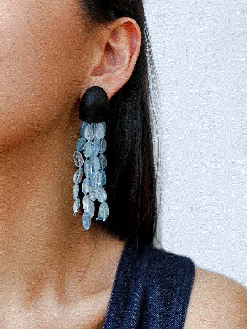 Original Black Wood Gemstone Tassel Earrings - floysun