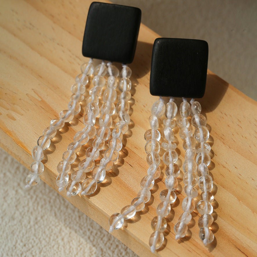 Original Black Wood Gemstone Tassel Earrings - floysun