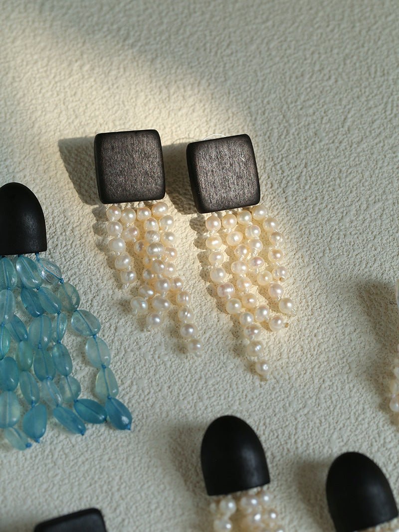 Original Black Wood Gemstone Tassel Earrings - floysun
