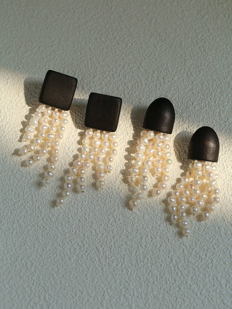 Original Black Wood Gemstone Tassel Earrings - floysun