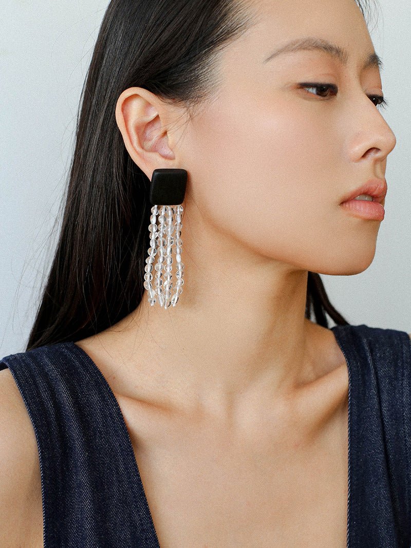 Original Black Wood Gemstone Tassel Earrings - floysun