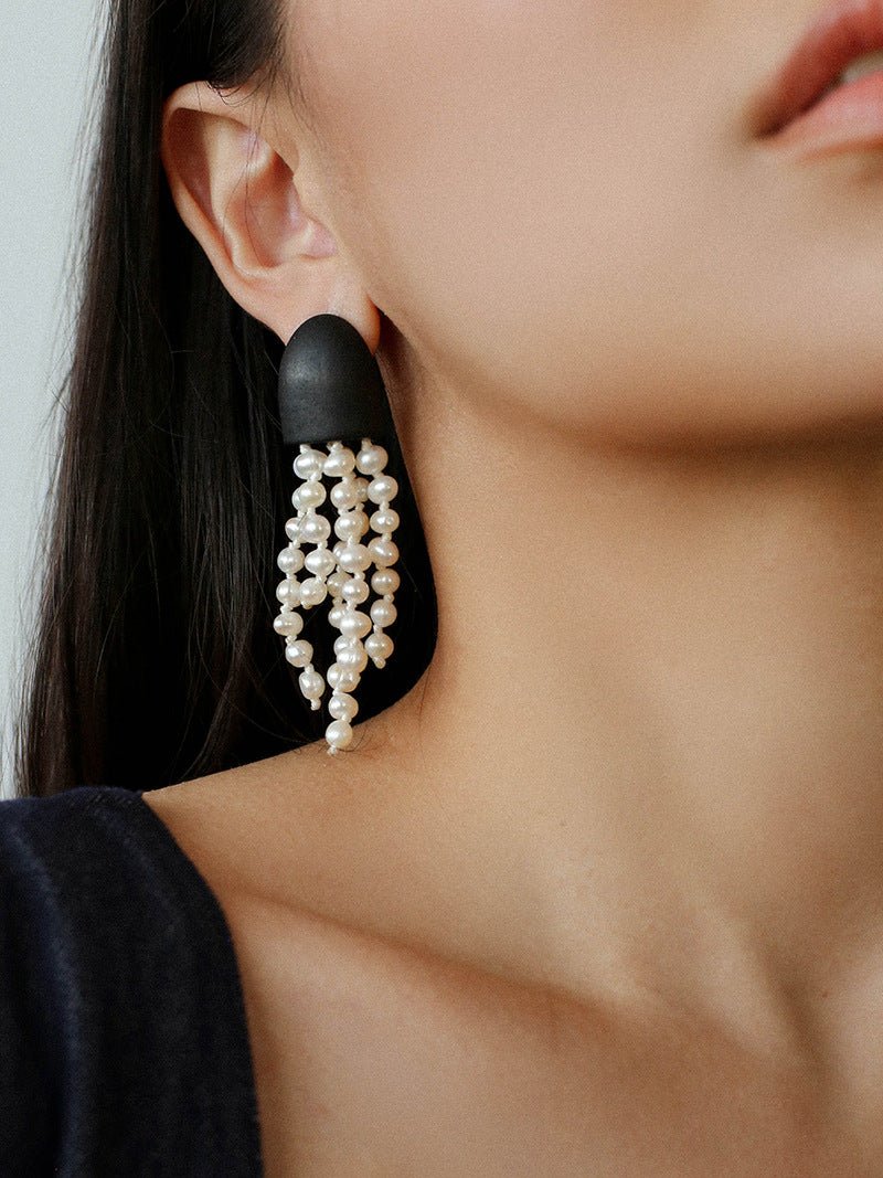 Original Black Wood Gemstone Tassel Earrings - floysun