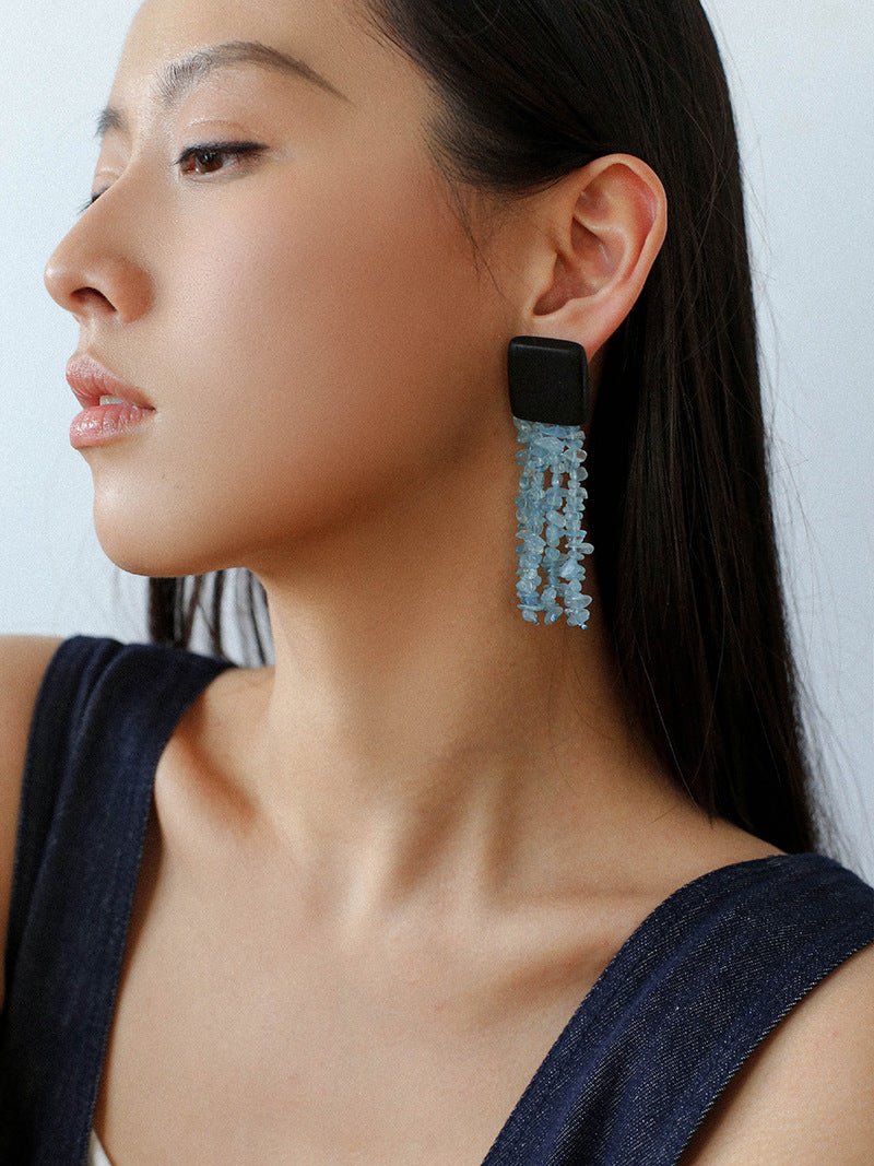 Original Black Wood Gemstone Tassel Earrings - floysun