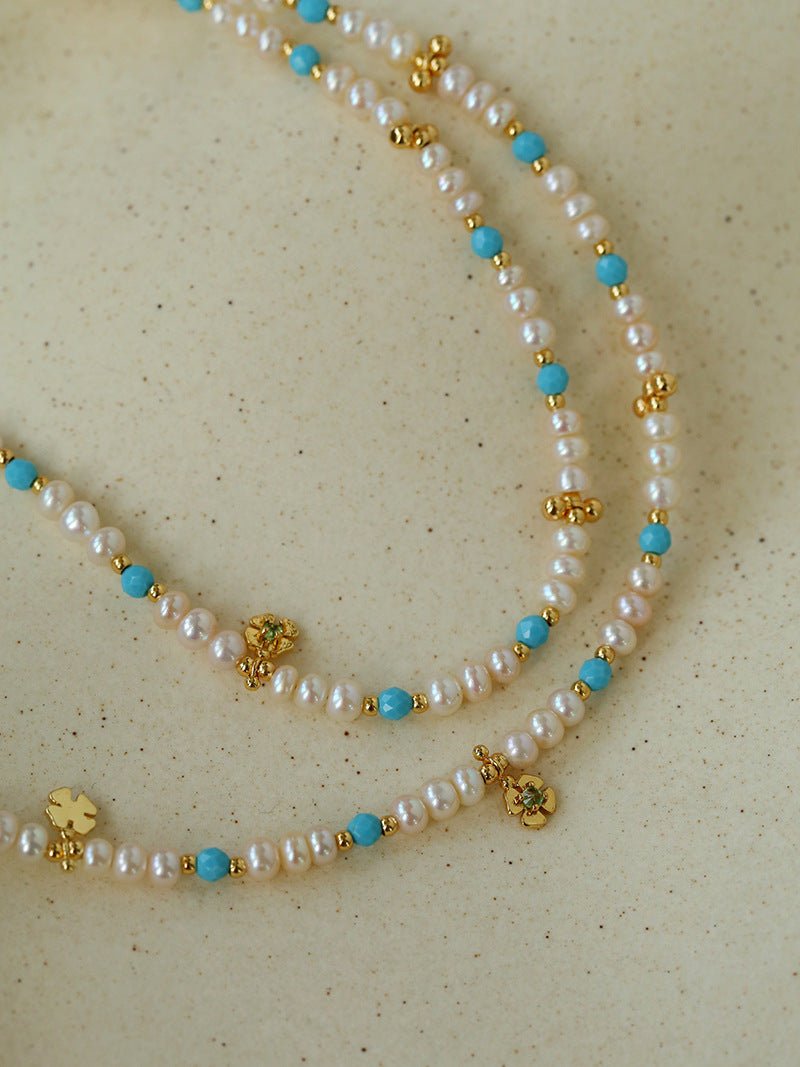 Original Design Freshwater Pearl & Blue Turquoise Tiny Flower Beaded Bracelet - floysun