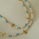 Original Design Freshwater Pearl & Blue Turquoise Tiny Flower Beaded Bracelet - floysun