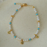 Original Design Freshwater Pearl & Blue Turquoise Tiny Flower Beaded Bracelet - floysun