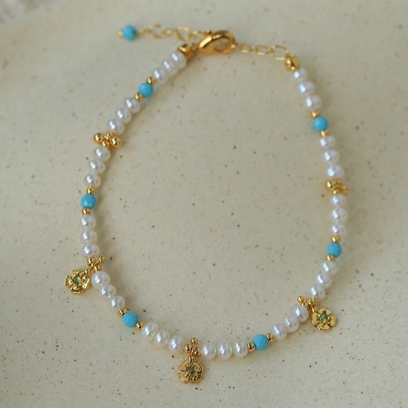 Original Design Freshwater Pearl & Blue Turquoise Tiny Flower Beaded Bracelet - floysun