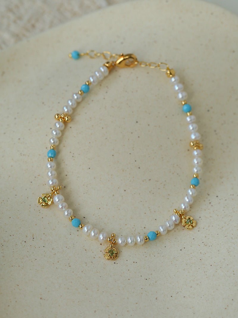 Original Design Freshwater Pearl & Blue Turquoise Tiny Flower Beaded Bracelet - floysun