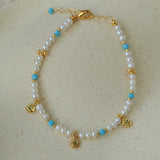 Original Design Freshwater Pearl & Blue Turquoise Tiny Flower Beaded Bracelet - floysun
