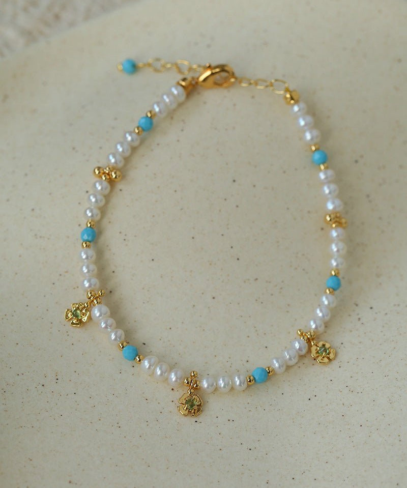 Original Design Freshwater Pearl & Blue Turquoise Tiny Flower Beaded Bracelet - floysun
