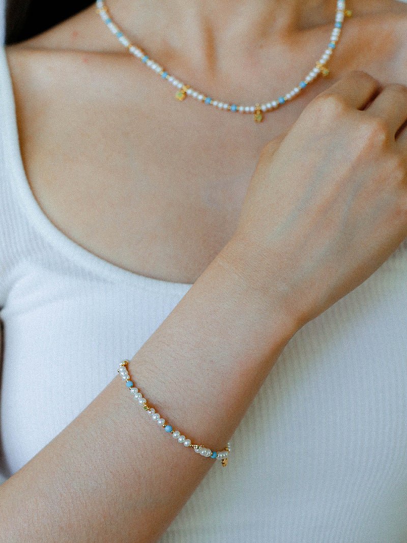 Original Design Freshwater Pearl & Blue Turquoise Tiny Flower Beaded Bracelet - floysun