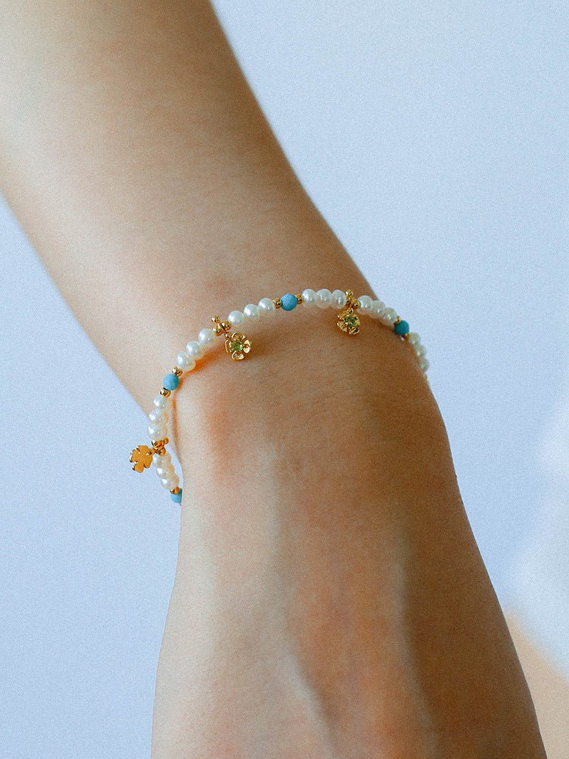 Original Design Freshwater Pearl & Blue Turquoise Tiny Flower Beaded Bracelet - floysun